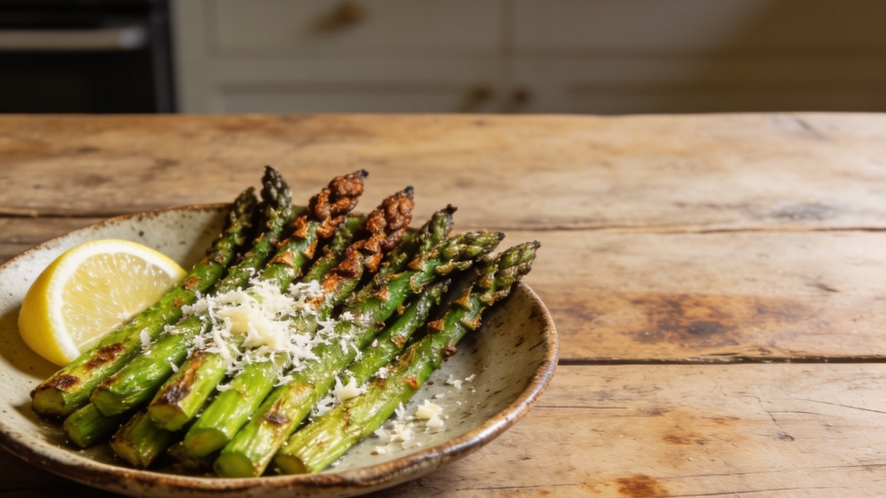 Air fryer asparagus spears with browned tips and parmesan on a plate