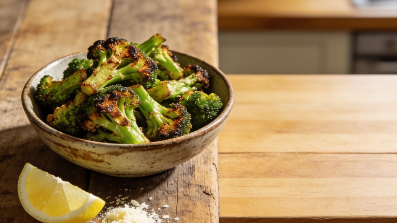 Air fryer broccoli florets with crispy charred edges in a serving bowl