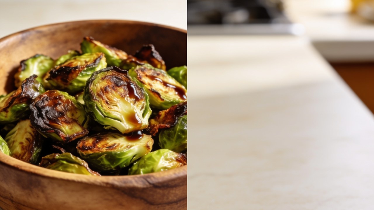 Crispy caramelized air fryer brussels sprouts halves in a bowl
