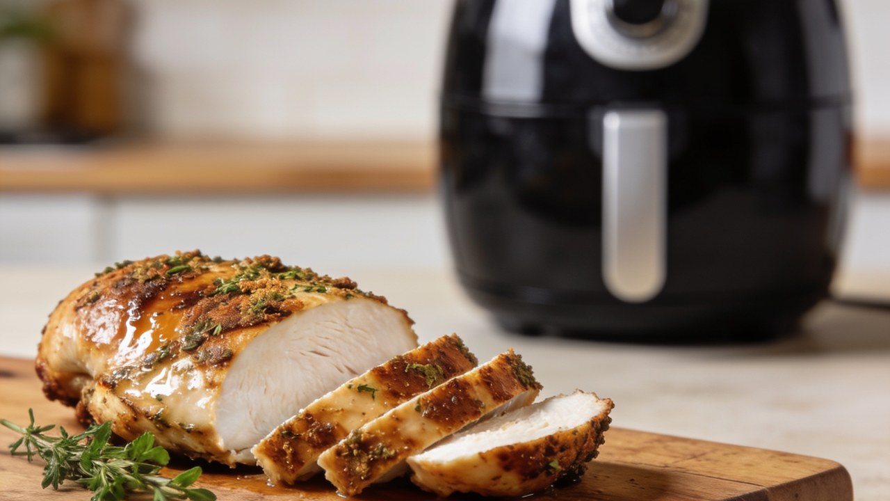 Sliced air fryer chicken breast on a cutting board showing juicy interior