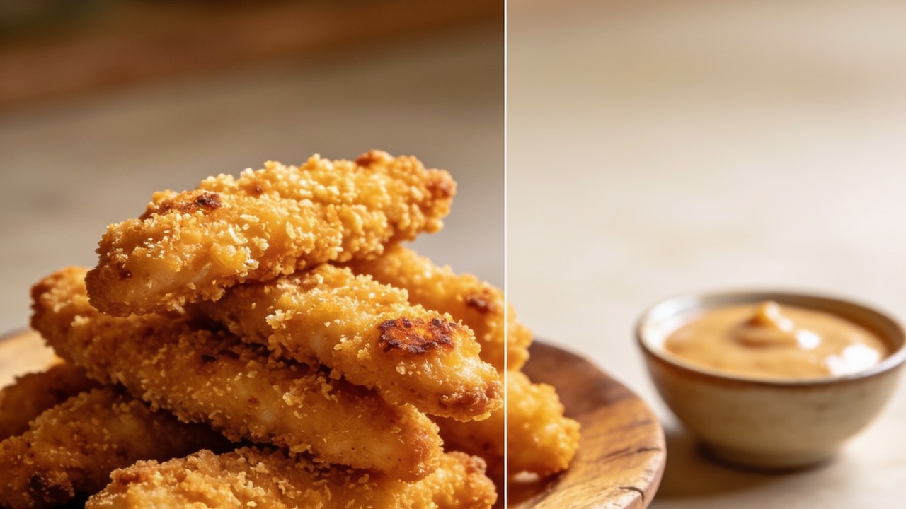 Crispy golden air fryer chicken tenders on a plate