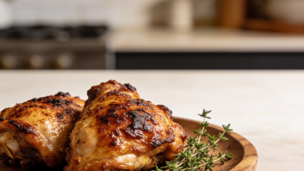 Crispy-skinned air fryer chicken thighs on a plate