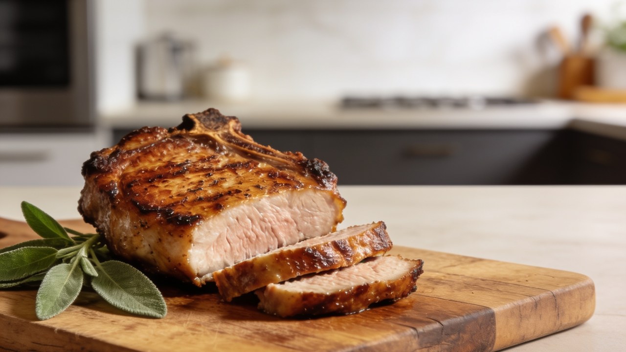Browned air fryer pork chops on a wooden cutting board