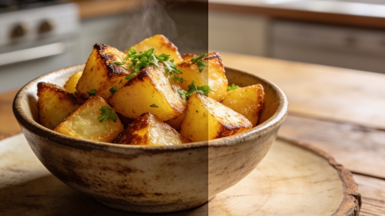 Golden crispy air fryer potato cubes in a bowl with fresh herbs