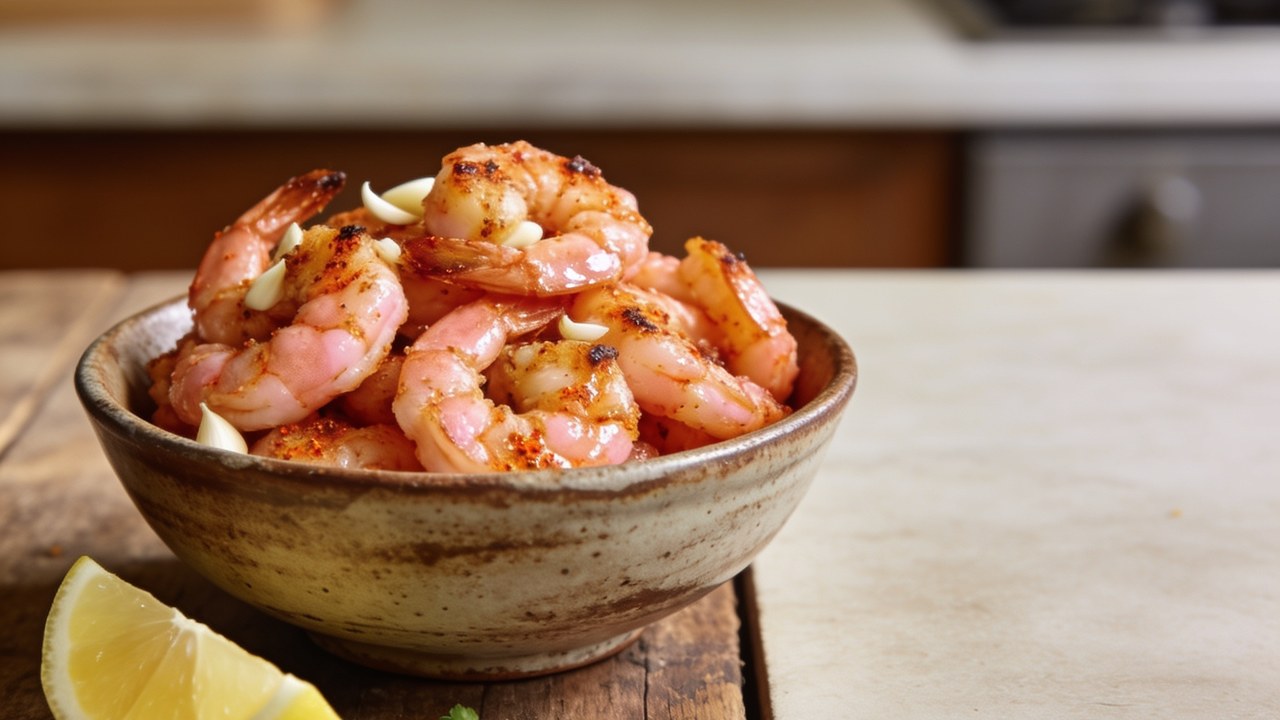 Seasoned air fryer shrimp with garlic and lemon in a bowl