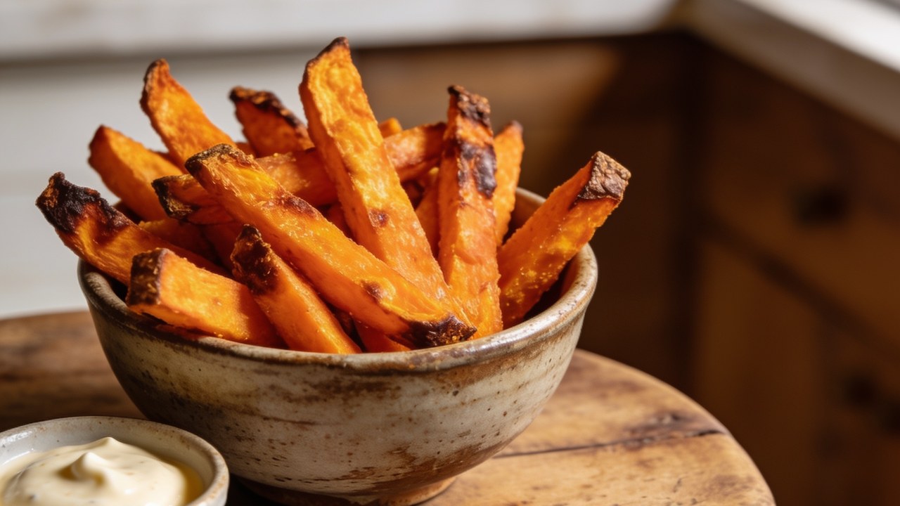 Crispy golden air fryer sweet potato fries in a bowl with a dipping sauce