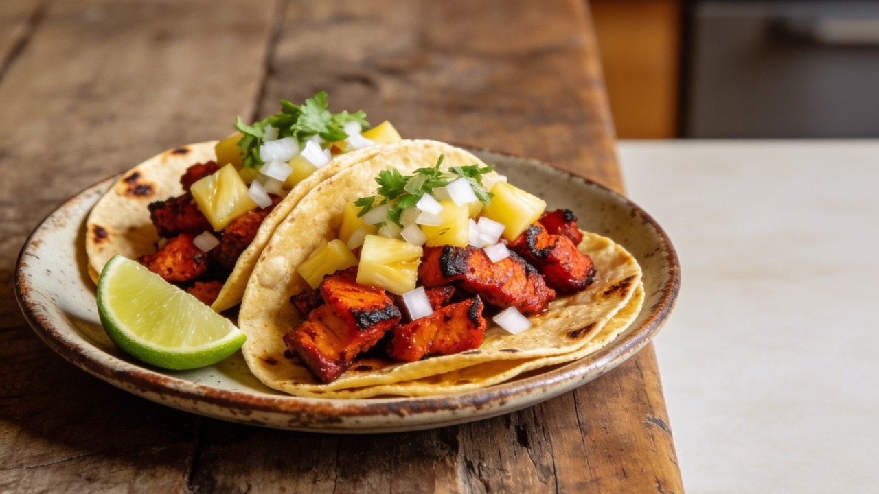 Corn tortillas piled with charred al pastor pork and grilled pineapple