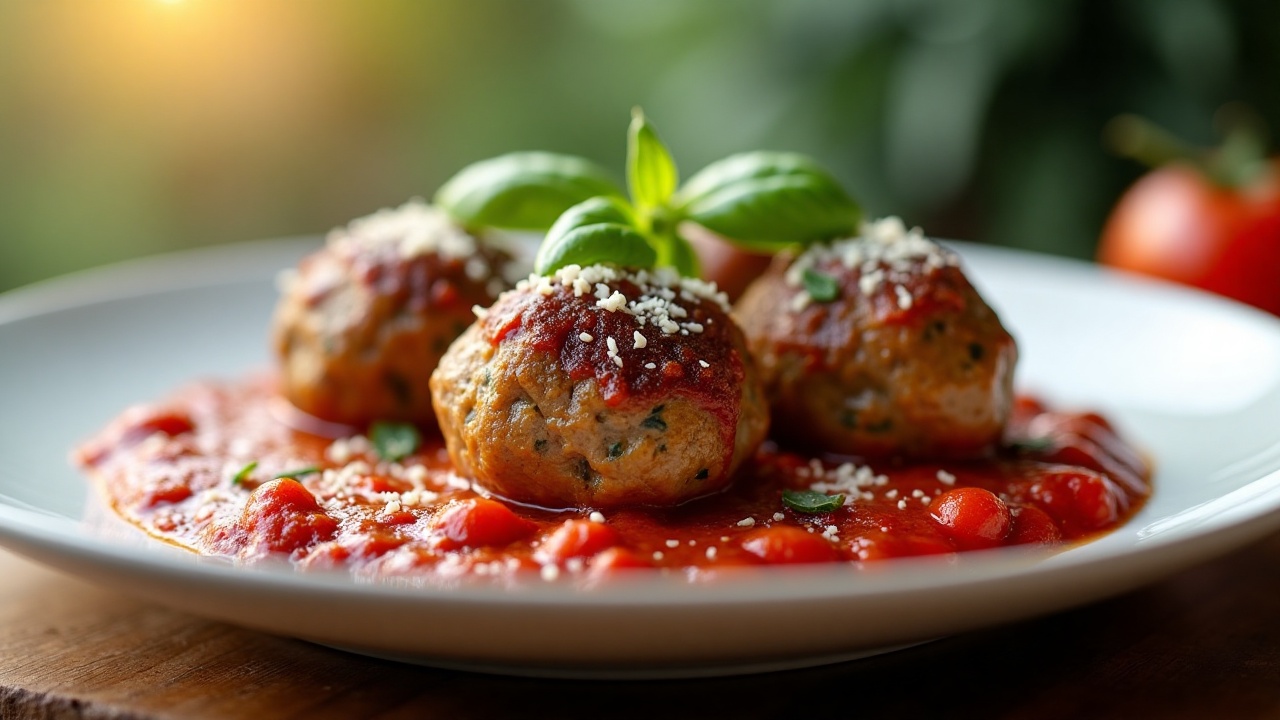 Baked beef meatballs in tomato sauce on a plate