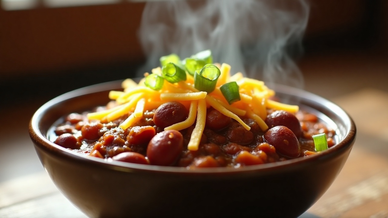A pot of thick beef chili with beans, topped with cheese