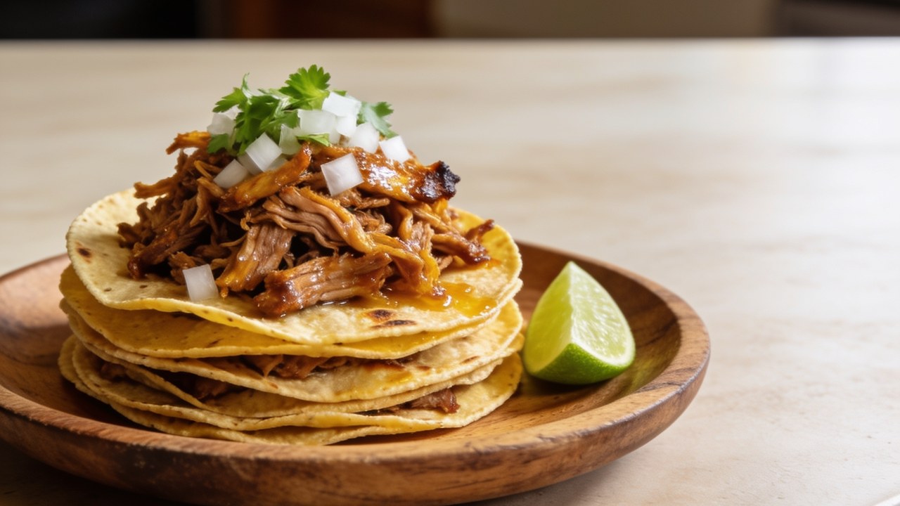 Corn tortillas piled with crispy golden pork carnitas and fresh toppings