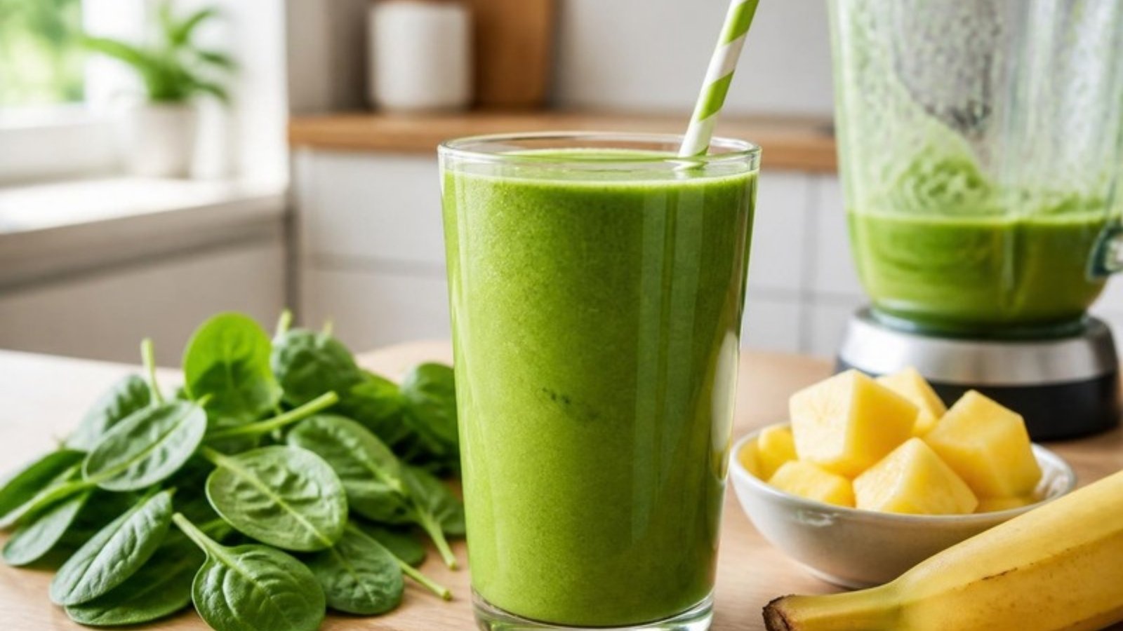 A green smoothie in a glass with spinach, banana, and pineapple beside it
