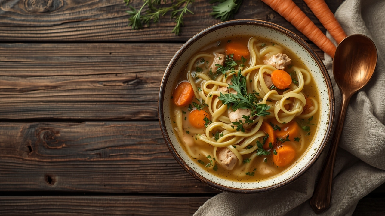 A bowl of homemade chicken noodle soup with carrots, celery and parsley