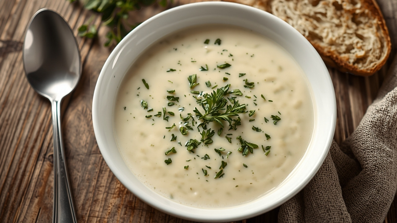 A bowl of creamy potato leek soup topped with chives and black pepper