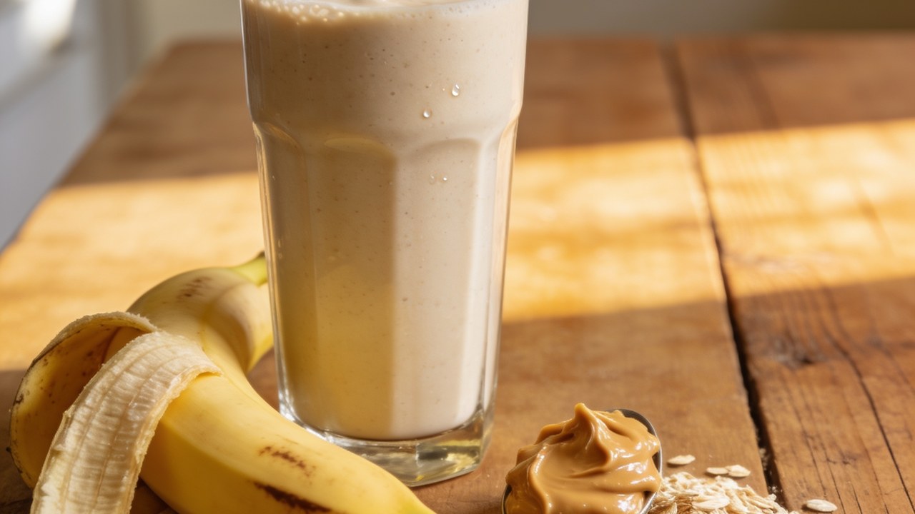 A thick, creamy protein smoothie in a glass with banana and peanut butter