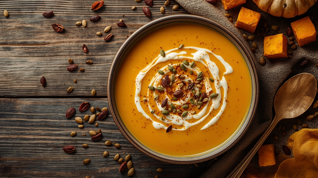 A bowl of creamy roasted butternut squash soup with a swirl of cream and pepitas
