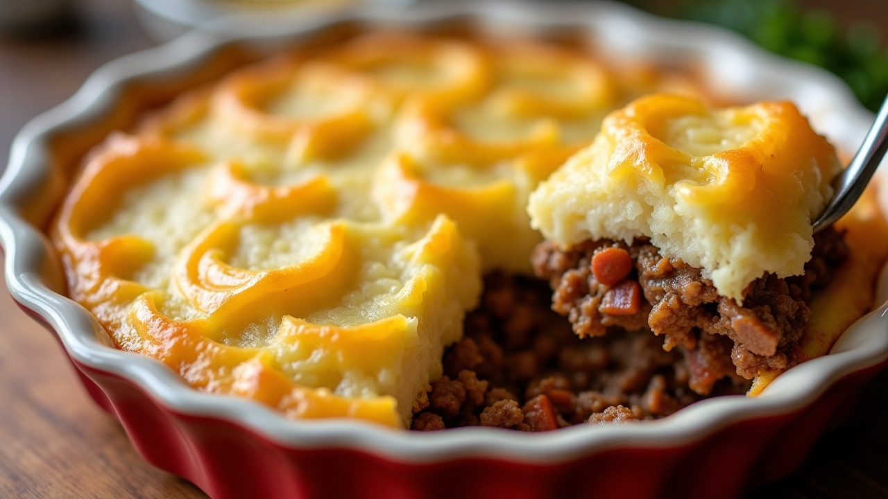 A baked shepherd's pie with golden mashed potato topping and a scoop removed