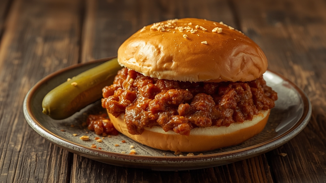 A sloppy joe sandwich on a toasted bun with a pickle on the side