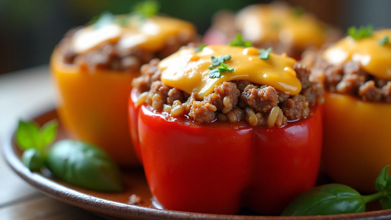 Baked bell peppers stuffed with ground beef and rice, topped with melted cheese